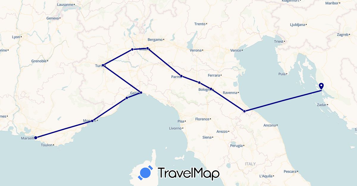 TravelMap itinerary: driving in France, Croatia, Italy, San Marino (Europe)